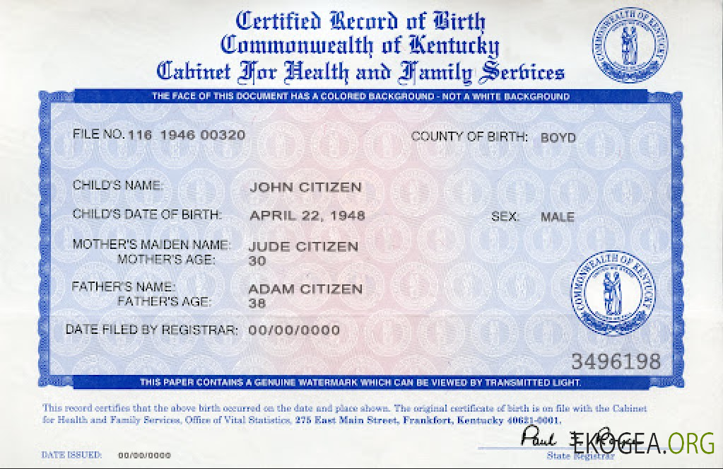 Acte de naissance du Kentucky aux États Unis